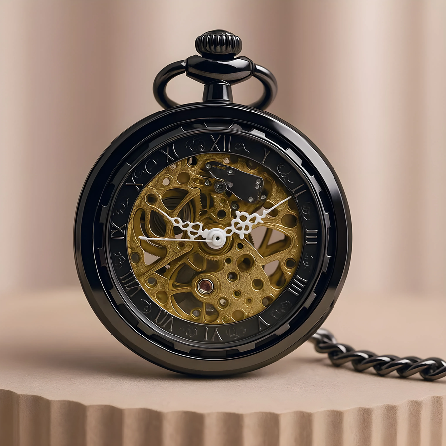 Montre à Gousset Squelette "Obsidienne" - Mécanique Noire