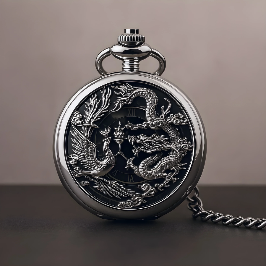 Montre à Gousset "Dragon & Phénix" - Sculpture Mythique