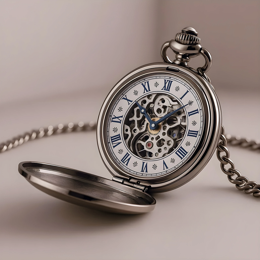 Montre à Gousset Squelette "Azur" - Acier & Aiguilles Bleuies