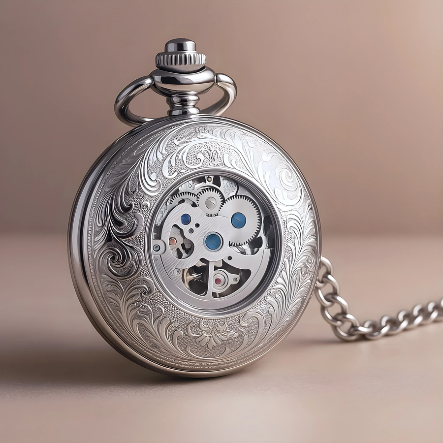 Montre à Gousset Squelette "Azur" - Acier & Aiguilles Bleuies